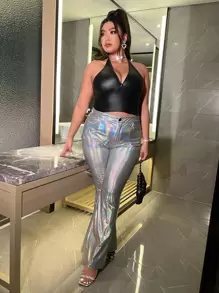 SHEIN SXY Plus Backless PU Leather Halter Top - Black - View 3