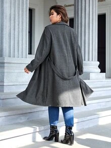 SHEIN Clasi Plus Waterfall Neck Belted Overcoat - Dark Grey - View 2