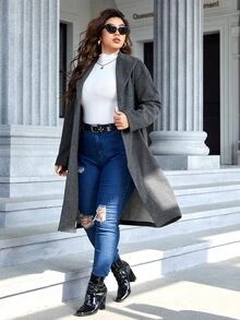 SHEIN Clasi Plus Waterfall Neck Belted Overcoat - Dark Grey - View 3