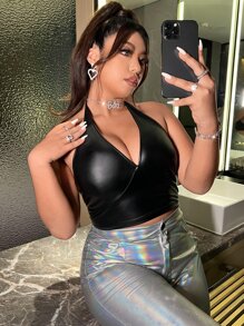 SHEIN SXY Plus Backless PU Leather Halter Top - Black - View 4