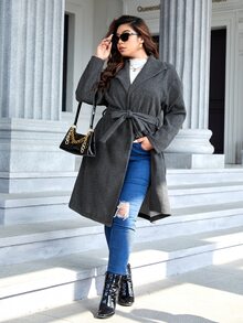 SHEIN Clasi Plus Waterfall Neck Belted Overcoat - Dark Grey - View 4