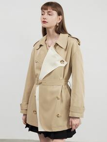 Double Breasted Belted Trench Coat - Khaki - View 4