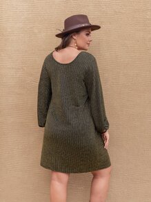 Rusttydustty Plus Contrast Lace Lantern Sleeve Dress - Army Green - View 2
