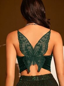 SHEIN BAE Butterfly Embroidery Mesh Back Velvet Cami Top - Dark Green - View 1