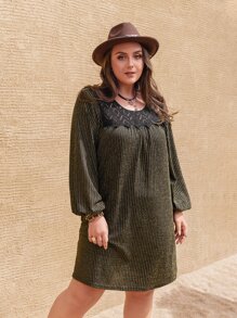 Rusttydustty Plus Contrast Lace Lantern Sleeve Dress - Army Green - View 4