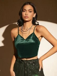 SHEIN BAE Butterfly Embroidery Mesh Back Velvet Cami Top - Dark Green - View 5