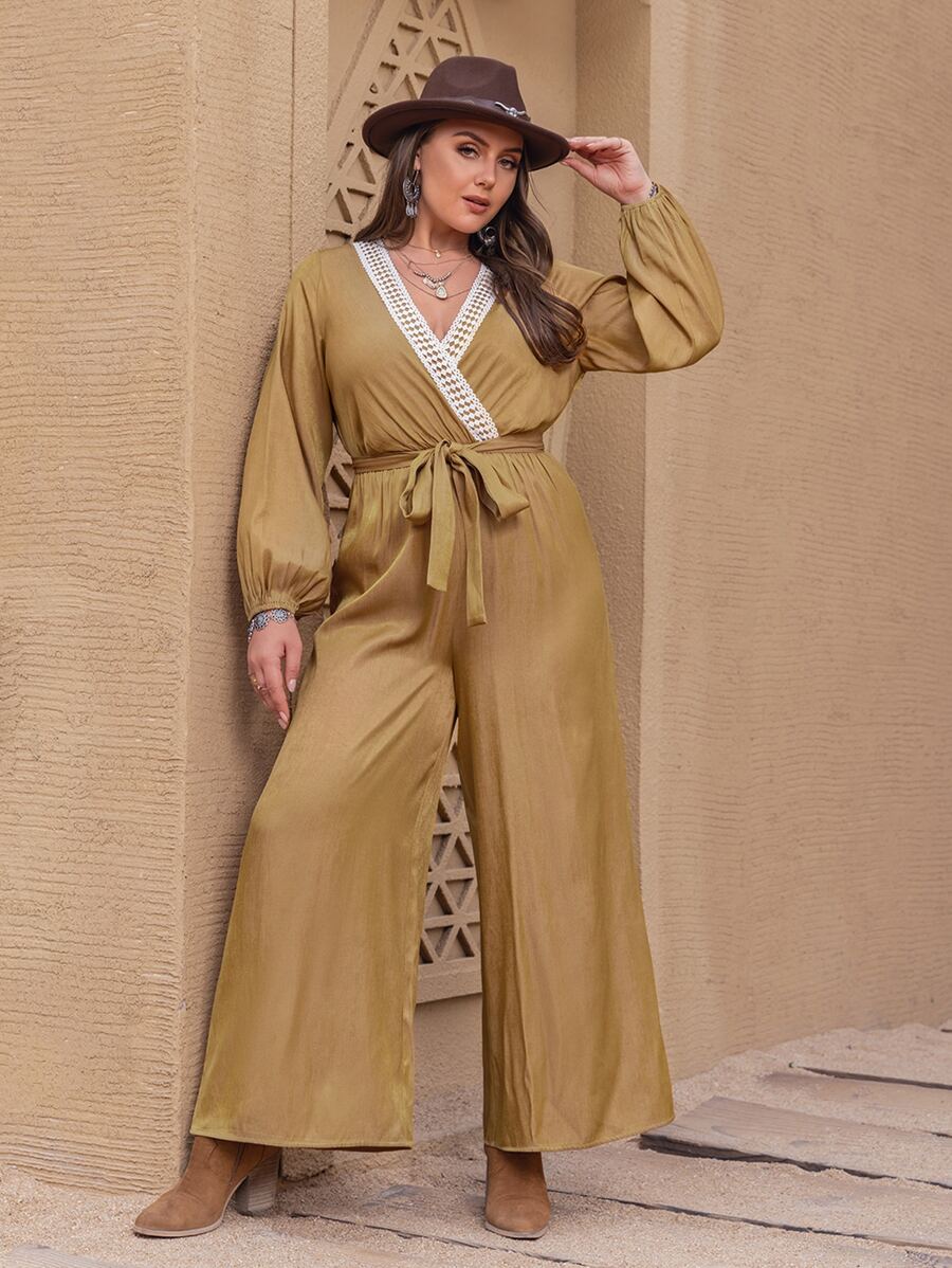 Rusttydustty 大碼交疊領燈籠袖腰帶連身褲