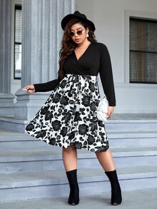 SHEIN Clasi Plus Floral Print Overlap Collar Belted Dress - Black and White - View 5