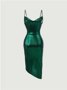 SHEIN BAE Draped Collar Ruched Metallic Cami Dress - Dark Green - View 3