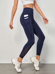 Easithlete Absorbs Sweat Contrast Mesh Sports Leggings With Phone Pocket - Navy Blue - View 5
