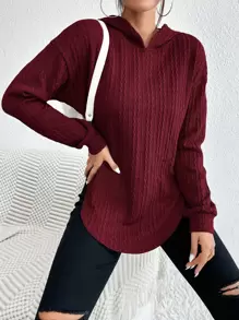 SHEIN Essnce Drop Shoulder Curved Hem Hoodie - Maroon - View 1