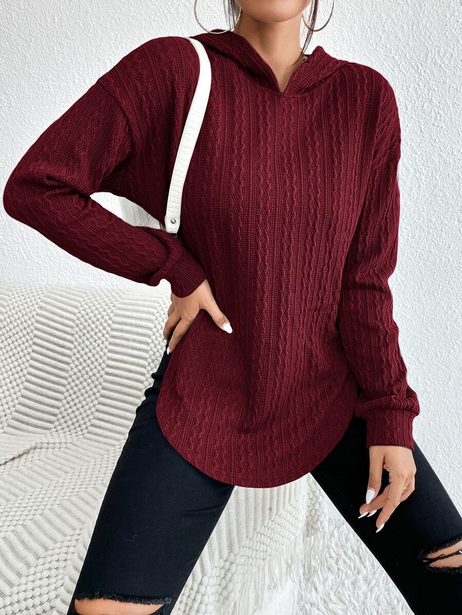 SHEIN Essnce Drop Shoulder Curved Hem Hoodie - Maroon - View 1