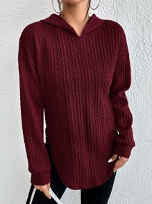 SHEIN Essnce Drop Shoulder Curved Hem Hoodie - Maroon - View 3