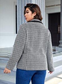 SHEIN Clasi Plus Plaid Single Button Blazer - Black and White - View 2