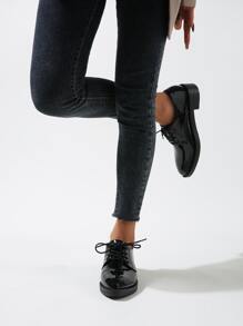 秋冬简约系带牛津鞋，黑色优雅纯色牛津鞋女士平底鞋，乐福鞋 - 黑色 - 查看 3