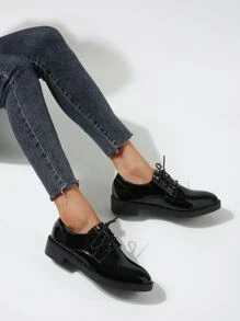 秋冬简约系带牛津鞋，黑色优雅纯色牛津鞋女士平底鞋，乐福鞋 - 黑色 - 查看 4