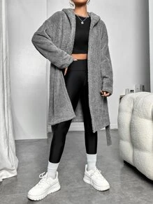 SHEIN EZwear 落肩袖3D耳朵設計連帽腰帶法蘭絨外套