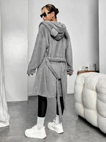 SHEIN EZwear 落肩袖3D耳朵設計連帽腰帶法蘭絨外套