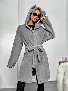 SHEIN EZwear 落肩袖3D耳朵設計連帽腰帶法蘭絨外套