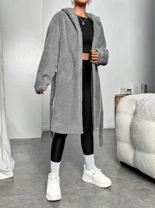 SHEIN EZwear 落肩袖3D耳朵設計連帽腰帶法蘭絨外套