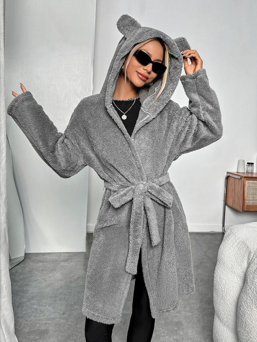 SHEIN EZwear 落肩袖3D耳朵設計連帽腰帶法蘭絨外套