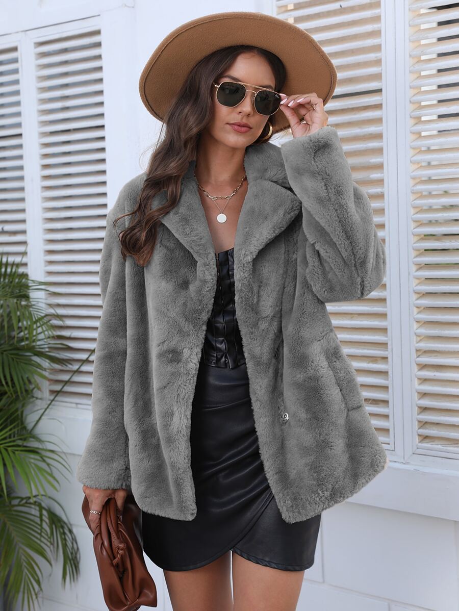 RELISH NOLESS Notch Collar Slant Pocket Teddy Coat - Grey - View 1