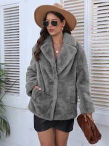 RELISH NOLESS Notch Collar Slant Pocket Teddy Coat - Grey - View 7