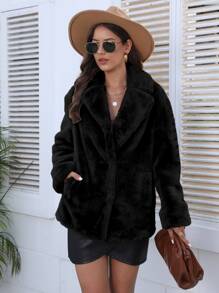 RELISH NOLESS Notch Collar Slant Pocket Teddy Coat - Black - View 5