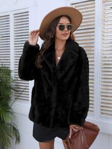 RELISH NOLESS Notch Collar Slant Pocket Teddy Coat - Black - View 7