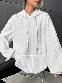 SHEIN EZwear Drop Shoulder Kangaroo Pocket Textured Drawstring Hoodie - White - View 2