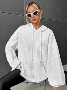 SHEIN EZwear Drop Shoulder Kangaroo Pocket Textured Drawstring Hoodie - White - View 5