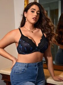 Plus Butterfly Print Contrast Lace Underwire Bra - Black - View 4