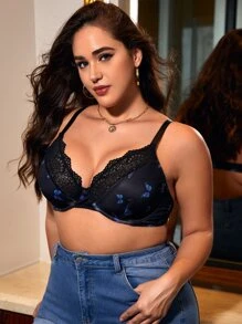 Plus Butterfly Print Contrast Lace Underwire Bra - Black - View 5