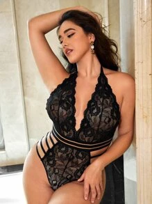 Plus Floral Lace Cut-out Teddy Bodysuit - Black - View 1