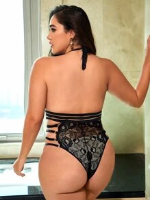 Plus Floral Lace Cut-out Teddy Bodysuit - Black - View 2