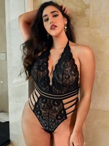 Plus Floral Lace Cut-out Teddy Bodysuit - Black - View 3