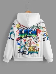 SHEIN 男孩字母和卡通圖案落肩袖連帽衫