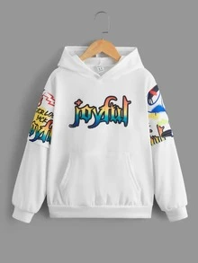 SHEIN 男孩字母和卡通圖案落肩袖連帽衫