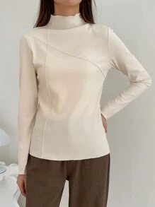 DAZY Camiseta con detalle de costura de cuello alto, ropa de otoño, ropa de vuelta al colegio, blusas de manga larga para mujer - Beis - Ver 3