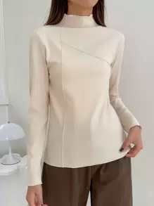 DAZY Camiseta con detalle de costura de cuello alto, ropa de otoño, ropa de vuelta al colegio, blusas de manga larga para mujer - Beis - Ver 4