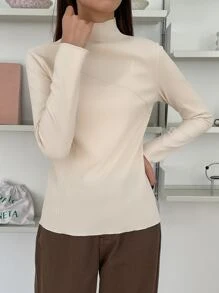DAZY Camiseta con detalle de costura de cuello alto, ropa de otoño, ropa de vuelta al colegio, blusas de manga larga para mujer - Beis - Ver 5