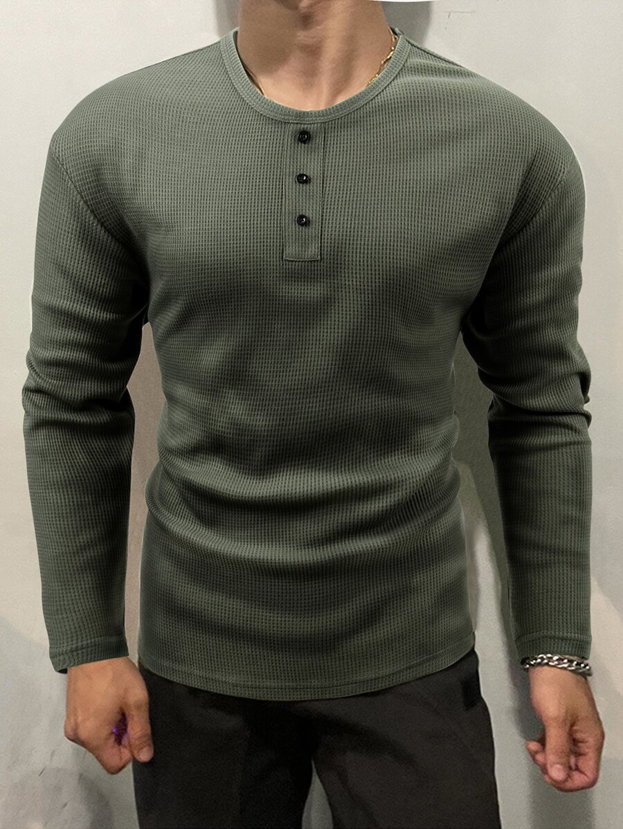 Manfinity Homme Playera De Tela Waffle De Color Sólido Para Hombre - Verde militar - Ver 1