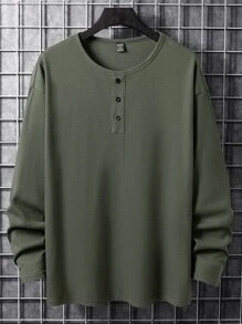Manfinity Homme Playera De Tela Waffle De Color Sólido Para Hombre - Verde militar - Ver 3