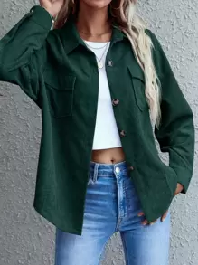 SHEIN LUNE Flap Pocket Drop Shoulder Corduroy Jacket - Dark Green - View 1