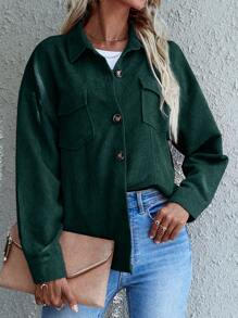 SHEIN LUNE Flap Pocket Drop Shoulder Corduroy Jacket - Dark Green - View 3