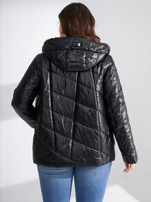 HaiLuoZi Plus Zip Up Patched Detail Hooded Padded Coat - Black - View 2