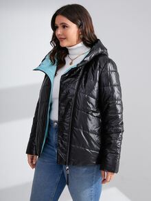 HaiLuoZi Plus Zip Up Patched Detail Hooded Padded Coat - Black - View 3