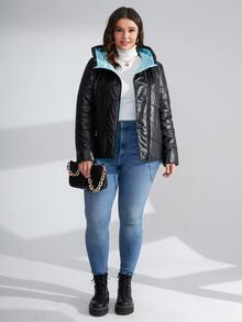 HaiLuoZi Plus Zip Up Patched Detail Hooded Padded Coat - Black - View 4