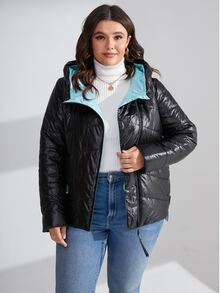 HaiLuoZi Plus Zip Up Patched Detail Hooded Padded Coat - Black - View 5