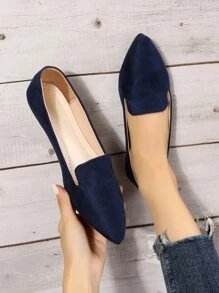 女士彩色图案尖头平底鞋，秋季新款休闲一脚蹬船鞋，软底户外日常乐福鞋，时尚帆布工作/驾车鞋 - 藏蓝色 - 查看 4